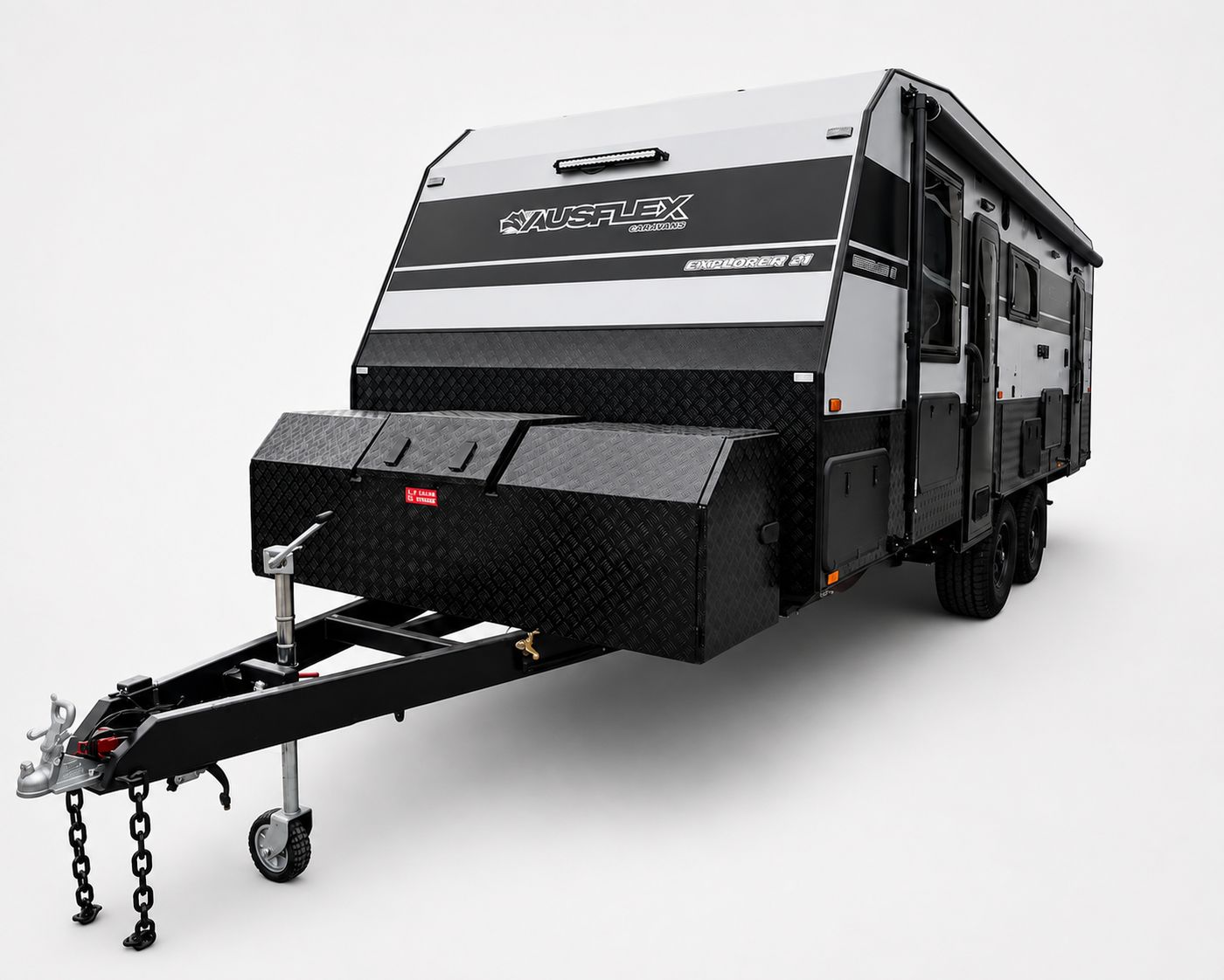 Ausflex Explorer 21 in white and charcoal, front three-quarter studio view over the checkerplate toolbox