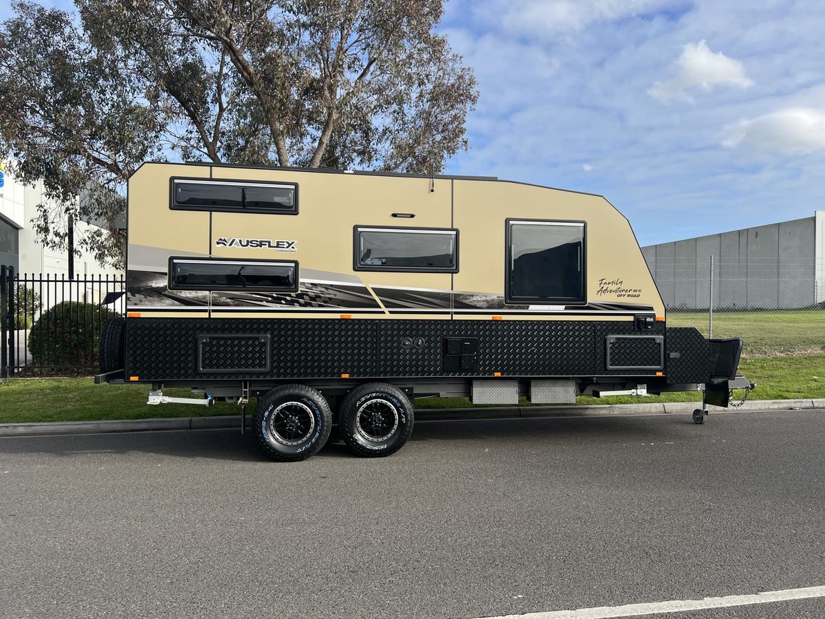 Ausflex Family Adventurer 20.6 Off Road in cream and black, side profile kerbside