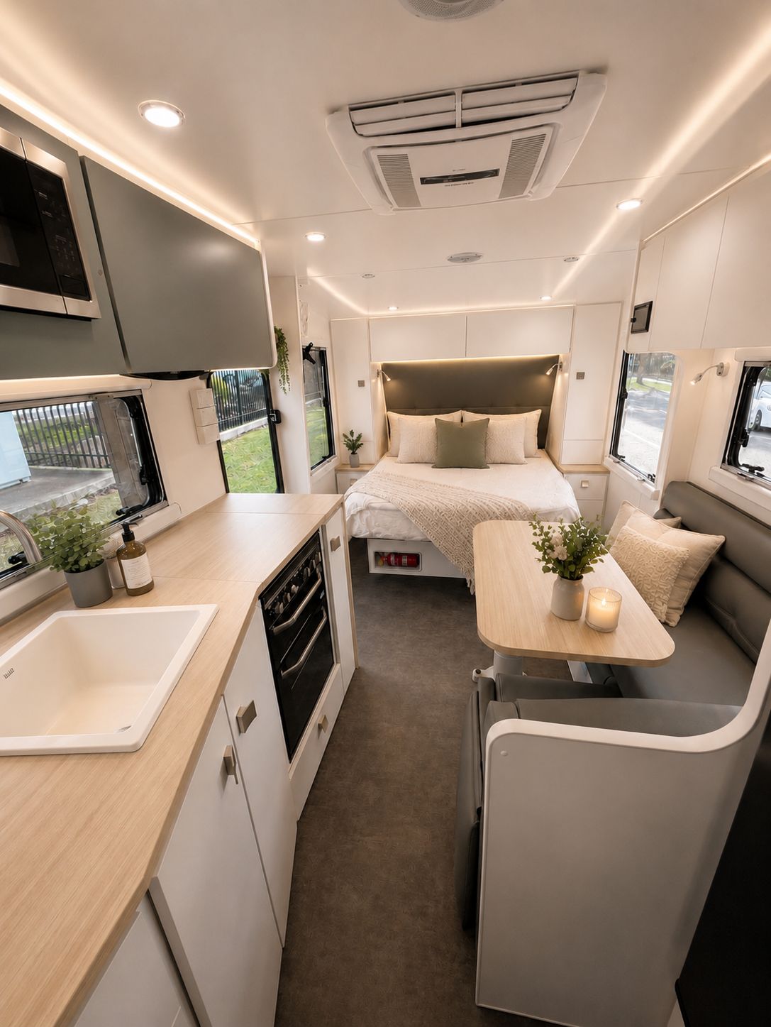 Caravan bedroom with made bed and dinette in the foreground