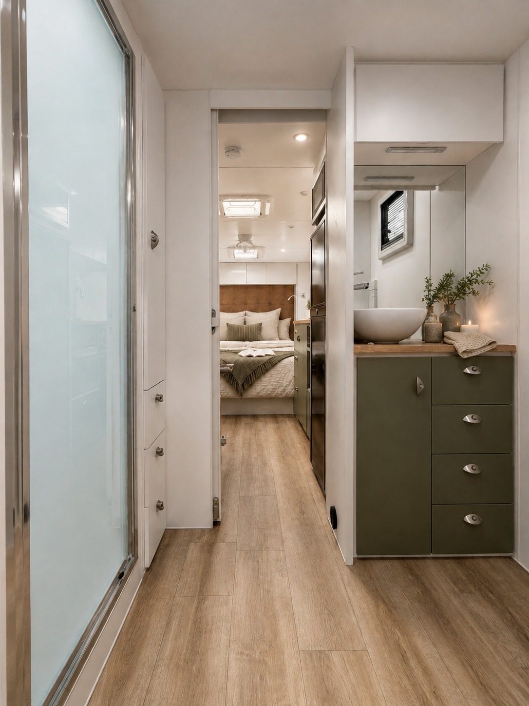 Hallway past the ensuite vanity and shower, looking through to the bedroom