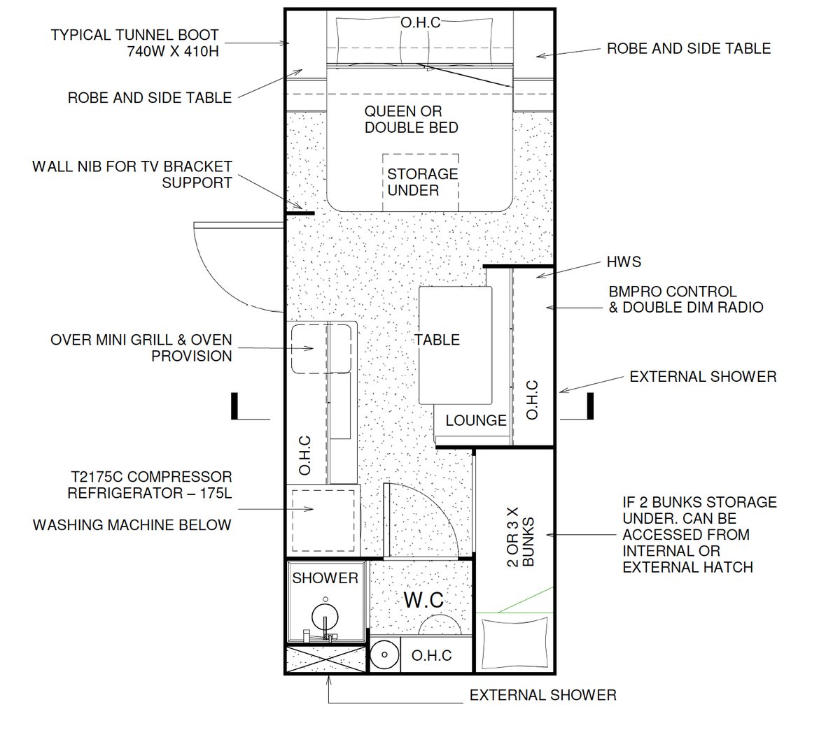 Floor plan of the 18.6ft Family Adventurer with bunks