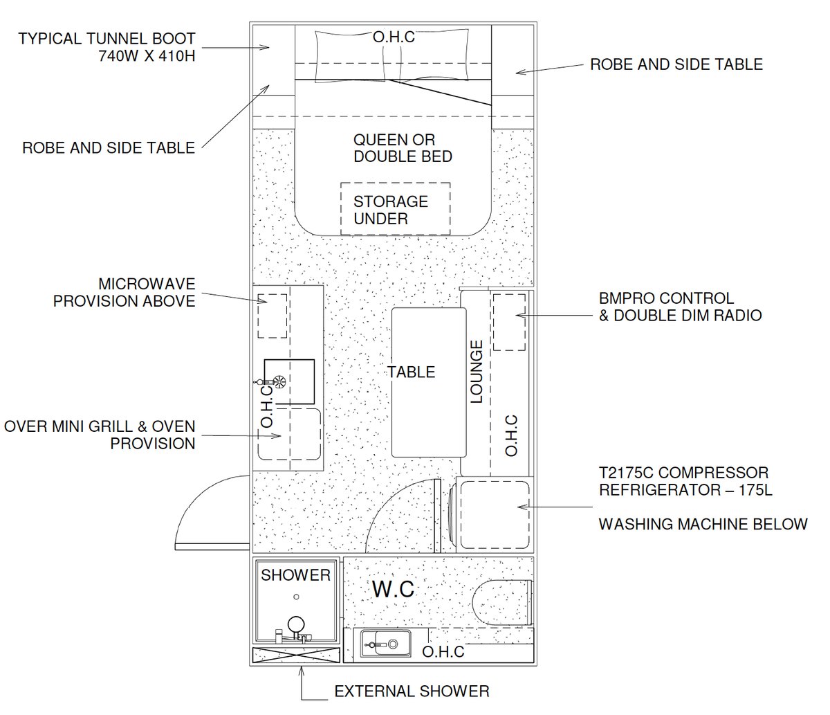 Floor plan of the 17ft Little Wonder with queen bed, kitchen and ensuite