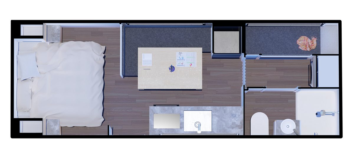 Top-down 3D render of the Extreme Family layout
