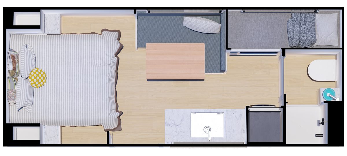 Top-down 3D render of the Family Adventurer layout with bunks