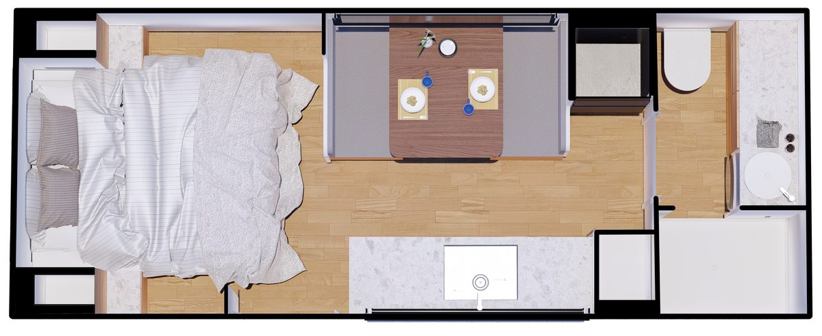 Top-down 3D render of the Fierce Couple Deluxe layout
