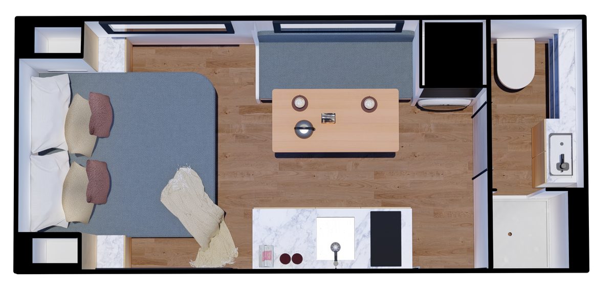 Top-down 3D render of the Little Wonder layout