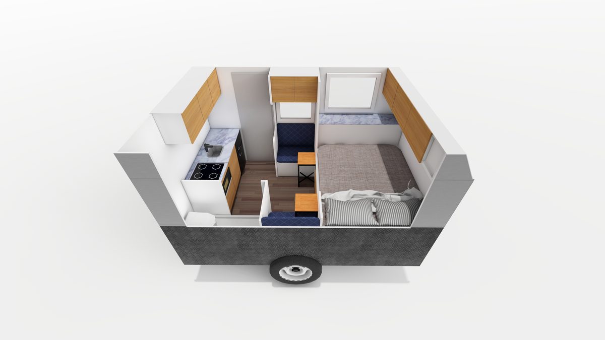 Cutaway 3D render of the Tuff Mudder layout with kitchen and bed